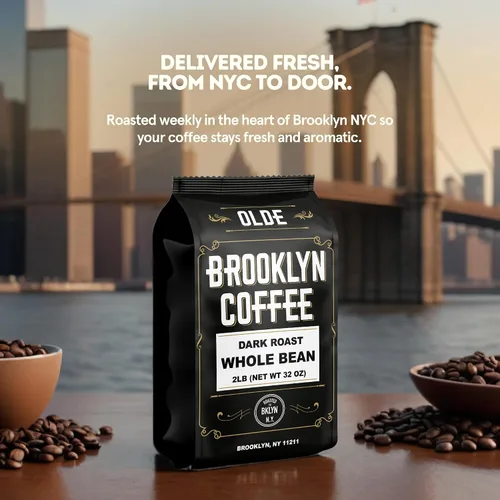 Vista 3 de Café de grano entero OLDE BROOKLYN COFFEE, tostado oscuro clásico (0.91 kg) Sabor audaz y suave, aroma intenso - Granos de café frescos en granel