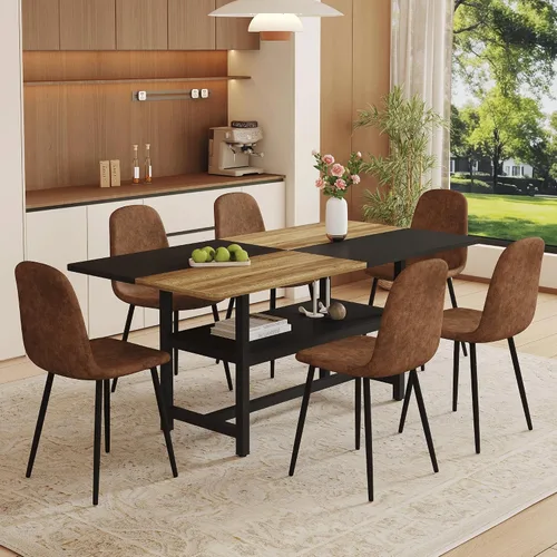 Vista 28 de Juego de mesa de comedor de 71 pulgadas para 6 personas con estante de almacenamiento, juego de mesa de comedor rectangular industrial moderna