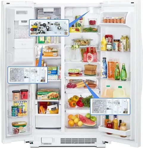 Vista 4 de 1 controlador LED W10515058 + 2 luces LED W10515057 de repuesto para refrigerador Maytag MSF25D4MDM01