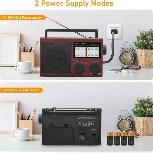 Vista 8 de Radio AM/FM portátil con control de graves, equipada con un altavoz de alta potencia integrado, conector para auriculares y entrada de audio AUX