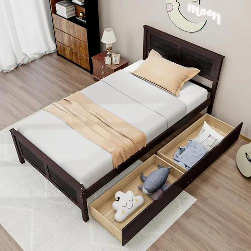 Vista 4 de KOMFOTT Marco de Cama de Madera Tamaño Twin con 2 Cajones de Almacenamiento, Marco de Cama de Plataforma de Mediados de Siglo con Cabecero, Soporte