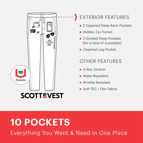 Vista 2 de SCOTTeVEST Pantalones deportivos elevados para hombre 17 bolsillos ocultos Pantalones transpirables repelentes al agua para senderismo, golf y más