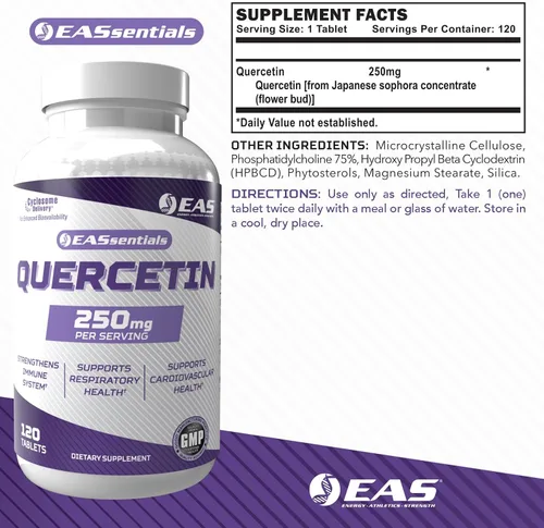 Vista 2 de EAS Quercetina 250mg Salud cardíaca y respiratoria Apoya la respuesta inmune Sin gluten, sin OGM Mejor absorción con entrega de ciclosoma