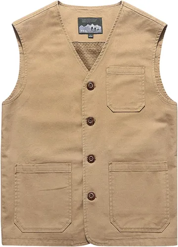 Vista 9 de Gihuo Chaleco de viaje para hombre, casual, con múltiples bolsillos, cuello en V, con botones, de algodón, chaleco de trabajo Verde militar