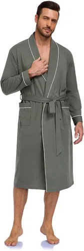 Vista 4 de COLORFULLEAF Bata de baño para hombre, 100% algodón, ligera, larga, ropa de dormir de punto suave, bata de spa con bolsillos Verde militar