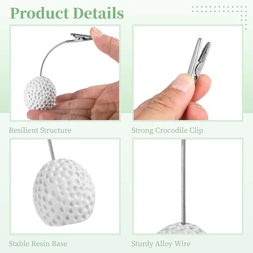 Vista 3 de 12 clips de notas de base de bola, soportes de tarjetas de resina en forma de pelota de golf con clips de cocodrilo, soportes para tarjetas