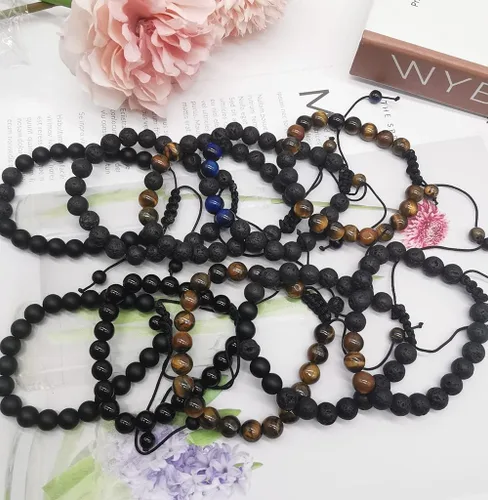 Vista 6 de MOZAKA - 10 pulseras con cuentas de piedra natural de lava de 0.315in para hombres y mujeres, hematita de ojo de tigre, cuentas de ónix negro mate