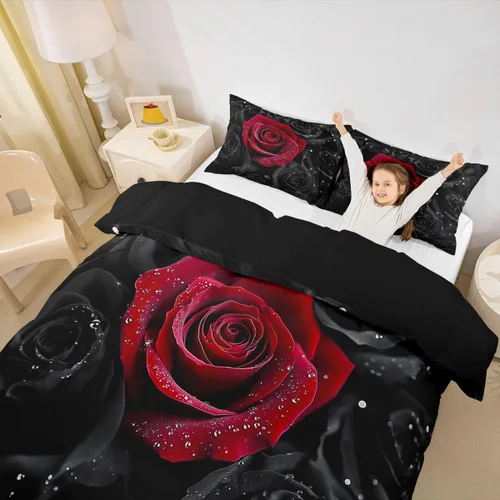 Vista 5 de Feelyou - Juego de funda de edredón con estampado floral de rosas - Juego de ropa de cama con flores románticas para dormitorio de niños, niñas