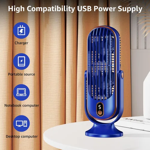 Vista 5 de Ventilador de torre, ventilador de escritorio portátil con opciones de 5 velocidades, doble circulación de aire, ventilador de mesa silencioso
