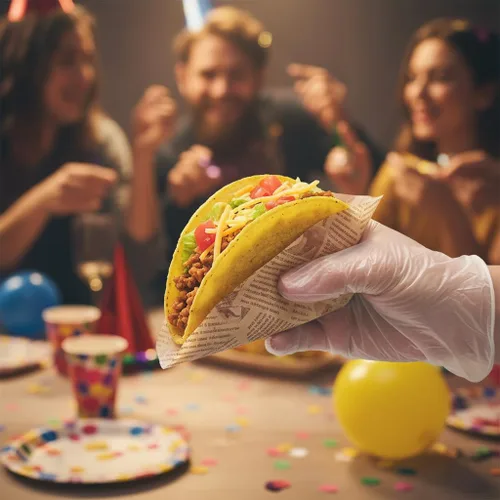 Vista 2 de 24 soportes desechables para tacos con 100 forros y 100 guantes, platos de tacos de fibra natural resistentes, bandejas de tacos de 3 compartimentos