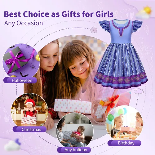 Vista 4 de Tibeha Wish Movie Asha Princess Costume for Girls, Kids Cosplay Christmas Party Dress Up Outfits