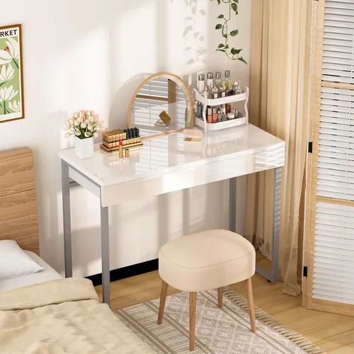 Vista 3 de GreenForest Escritorio de tocador con 2 cajones, escritorio blanco brillante para dormitorio, mesa de maquillaje con espacio de almacenamiento