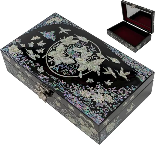 Vista 10 de Joyero de nácar con bandeja extraíble para anillos, regalos para mujeres, cumpleaños, boda, Navidad
