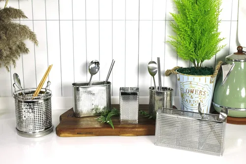 Vista 7 de LENITH Soporte redondo para utensilios de cocina de acero inoxidable – Base pesada para estabilidad – Utensilios de cocina con divisor extraíble