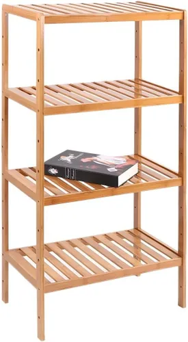 Vista 19 de Estante de almacenamiento de madera maciza con estantes ajustables, estante de almacenamiento de bambú de varios niveles para cocina, sala de estar
