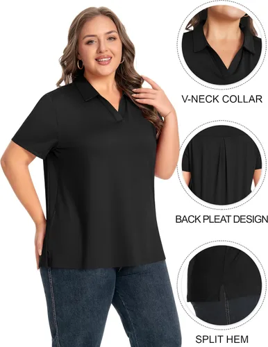 Vista 6 de Idtswch Camisa polo de manga corta con cuello en V para mujer, de secado rápido, UPF 50+, informal, para trabajo, golf, talla XL - 6XL