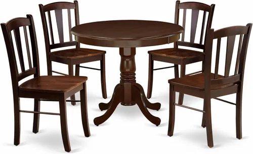 Vista 16 de East West Furniture ANDL3-MAH-W Juego de mesa y sillas de cocina de 3 piezas contiene una mesa de comedor redonda con pedestal y 2 sillas