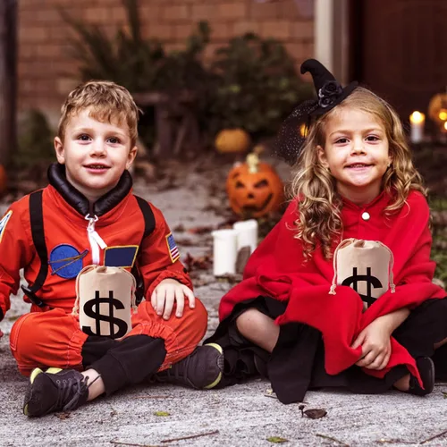 Vista 2 de 4 bolsas de dinero de lona de 6.3 x 9 pulgadas, bolsa de dinero de Halloween con letrero de dólar, sacos de dinero para disfraz de ladrón de bancos