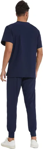 Vista 2 de COZYFIT Conjunto de ropa quirúrgica para hombre camiseta elástica con cuello en V y pantalón deportivo con 8 bolsillos, cintura de yoga, ropa