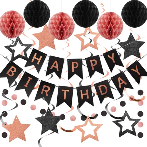Vista 8 de meowtastic - Decoraciones de cumpleaños, pancarta de feliz cumpleaños con bolas de panal de abeja, serpentinas colgantes de estrellas, guirnalda