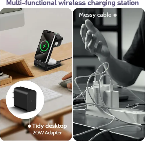 Vista 7 de Smtcsl Estación de Carga Inalámbrica 3 en 1: Soporte de Cargador de Banco de Energía Extraíble de 5000mAh para Teléfono/Reloj/Air Pods - Paquete