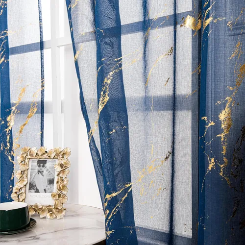 Vista 10 de Cortinas Transparentes Beige con Estampado de Lámina de Mármol Dorado de 63 Pulgadas de Largo para Cuarto de Bebé, Paneles de Ventana con Bolsillo