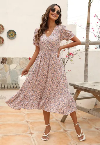 Vista 4 de Manydress Vestidos casuales con estampado floral para mujer vestido de verano con cuello en V bohemio vestido cruzado con bolsillos MY107