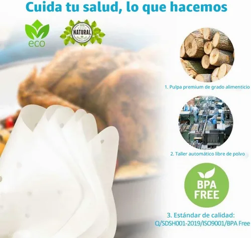 Vista 2 de 200 hojas cuadradas de papel pergamino perforado de 8.5 pulgadas, revestimiento de vapor de bambú antiadherente prémium para freidoras de aire Blanco