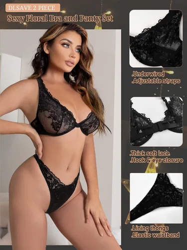 Vista 4 de Dlsave Conjunto de lencería sexy de encaje para mujer, conjunto de sujetador y bragas con aros florales de 2 piezas