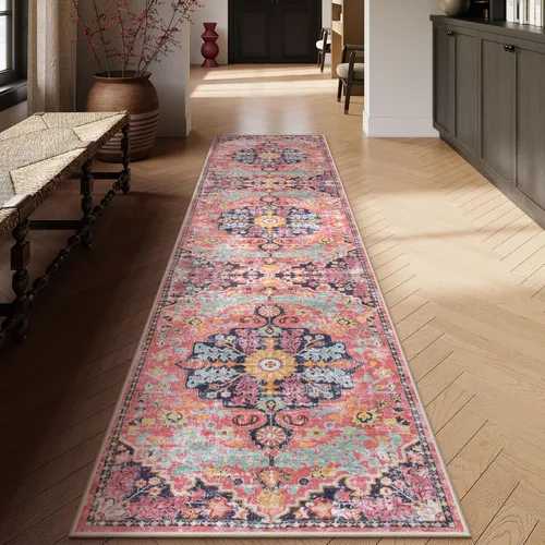 Vista 62 de Lahome Alfombra Floral Bohemio Medaillon - 2x3 Pequeña Alfombra de Baño Rosa Caliente, Alfombra de Cocina, Lavable a Máquina, Antideslizante, Suave
