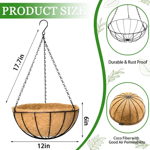 Vista 6 de Macetas colgantes para plantas de exterior, paquete de 4 cestas colgantes de metal de 12 pulgadas con forro de fibra de coco y alambre para plantas