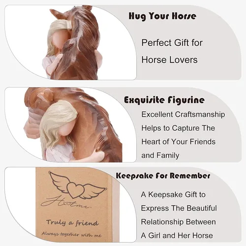 Vista 4 de Estatua de niña abrazando un caballo decorativa - Figura esculpida pintada a mano, regalos para mujeres y amantes de los caballos - Figura