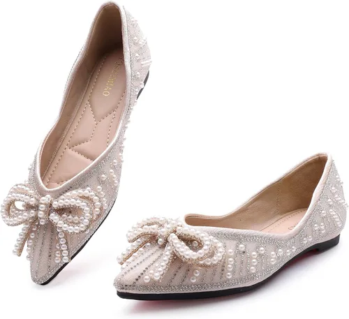 Vista 2 de YQRUIMIAO Zapatos planos para mujer, zapatos planos de boda con diamantes de imitación, punta puntiaguda, zapatos planos de ballet de tacón bajo