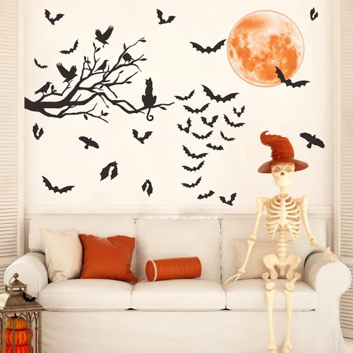 Vista 7 de Halloween Moon Wall Sticker Black Bat Wall Stickers Vinyl Crow Bird Tree Branch Wall Decals Removable Halloween Moon Bat Wall Decals Bats Window
