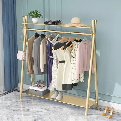 Vista 7 de Perchero industrial dorado independiente con estantes dobles, perchero móvil resistente para organizar ropa y zapatos (47 pulgadas de largo)