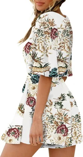 Vista 2 de Relipop Women's Rompers Wrap V Neck Flared Sleeve Waist Belted Zip Back Layered Ruffle Hem Short Floral Romper Jumpsuits