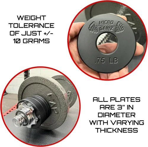 Vista 4 de Micro Gainz Placas de peso fraccionarias estándar de 1 pulgada con orificio central de 8 piezas con bolsa, diseñadas para mancuernas y barras