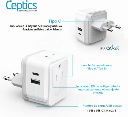 Vista 6 de Ceptics Adaptador de Enchufe de Corriente Internacional Juego de Viaje, 20W PD y QC, USB Dual Seguro y USB-C 3.1A - 2 Tomas de EE.UU. - Compacto