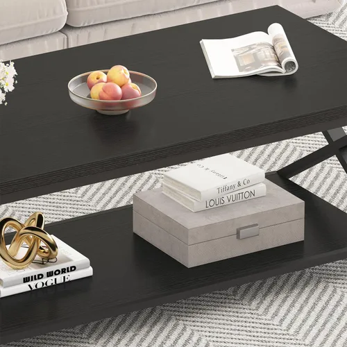 Vista 7 de HSH Mesa de sala de estar de madera de metal minimalista moderna negra con estante de almacenamiento, mesa central rectangular de 39 pulgadas y 2