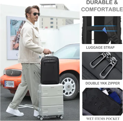 Vista 5 de FENRUIEN Mochila de negocios para laptop para hombres, mochila de viaje USB delgada, ligera, resistente al agua, unisex, para trabajo/universidad