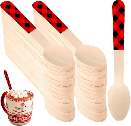Vista 8 de Umigy 100 cucharas de madera desechables de 5.5 pulgadas, cucharas de madera desechables de Navidad con patrón de cuchara de madera para chocolate