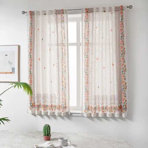 Vista 20 de MYSKY HOME Cortinas de lino transparentes de 45 pulgadas de largo para dormitorio, cocina, paneles de cortina florales, cortinas semicirverticales