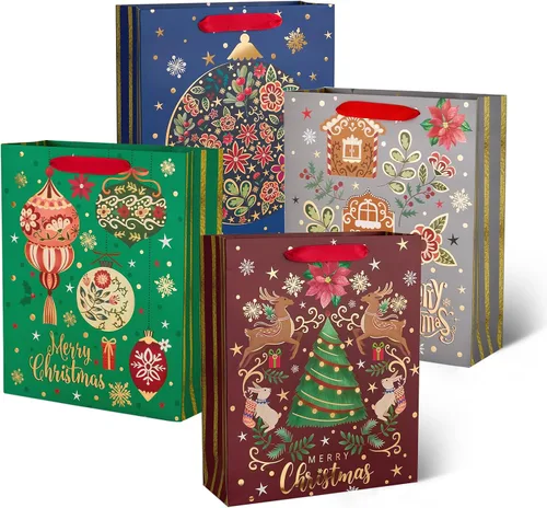 Vista 8 de PAPER FAIR 12 piezas de bolsas de regalo de Navidad rojas, verdes, doradas metálicas a granel, grandes de 12.5x10.5 pulgadas, bolsas de regalo