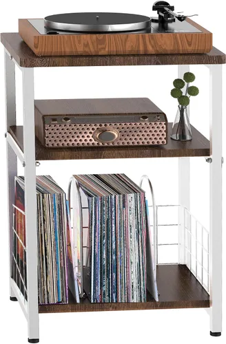 Vista 9 de Soporte para tocadiscos de vinilo, mesa auxiliar de 3 niveles con doble capa, color negro Turntable Record Stand Storage Up to 100 Albums