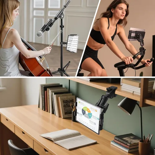 Vista 7 de Soporte de aluminio para tablet iPad, soporte para tableta de cocina para UTV/escritorio/silla/bicicleta de fitness/soporte de micrófono/bicicleta