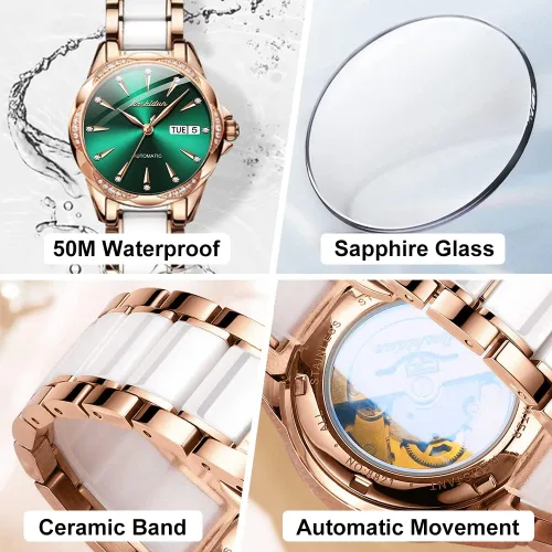 Vista 6 de OLEVS Reloj automático de cara grande para mujer, reloj de vestir automático acentuado con diamantes para mujer, cristal de zafiro resistente al