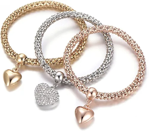 Vista 6 de SILANER Pulseras multicapa con dijes de cristal, 3 unidades, oro y plata, oro rosa, pulsera elástica en forma de corazón para mujer, árbol de la vida