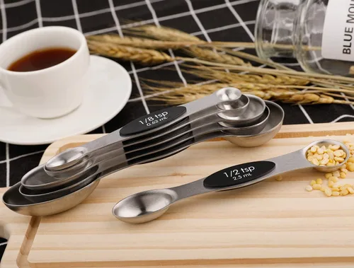 Vista 6 de Juego de 6 cucharas medidoras magnéticas de acero inoxidable de doble cara apilables cucharaditas para medir ingredientes secos y líquidos