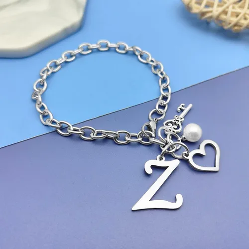 Vista 5 de Pulseras con inicial de la A a la Z, regalo para mujeres y niñas, pulsera de cadena de acero inoxidable con 26 letras del alfabeto, regalos