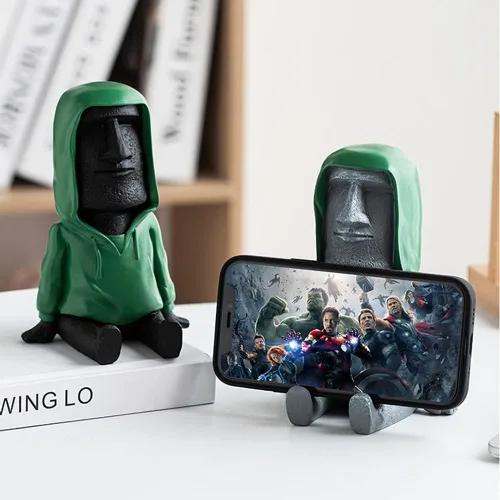 Vista 2 de Decoración de estatua Moai de Isla de Pascua con soporte para teléfono inteligente, escultura de figura retro para oficina en casa con soporte